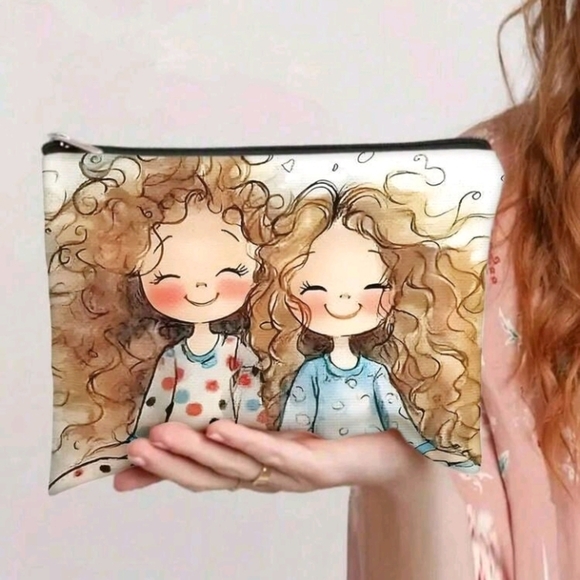 Handbags - Kawaii Cute Twin Sisters With Curly Long Hair Design Zipper Pouch Purse